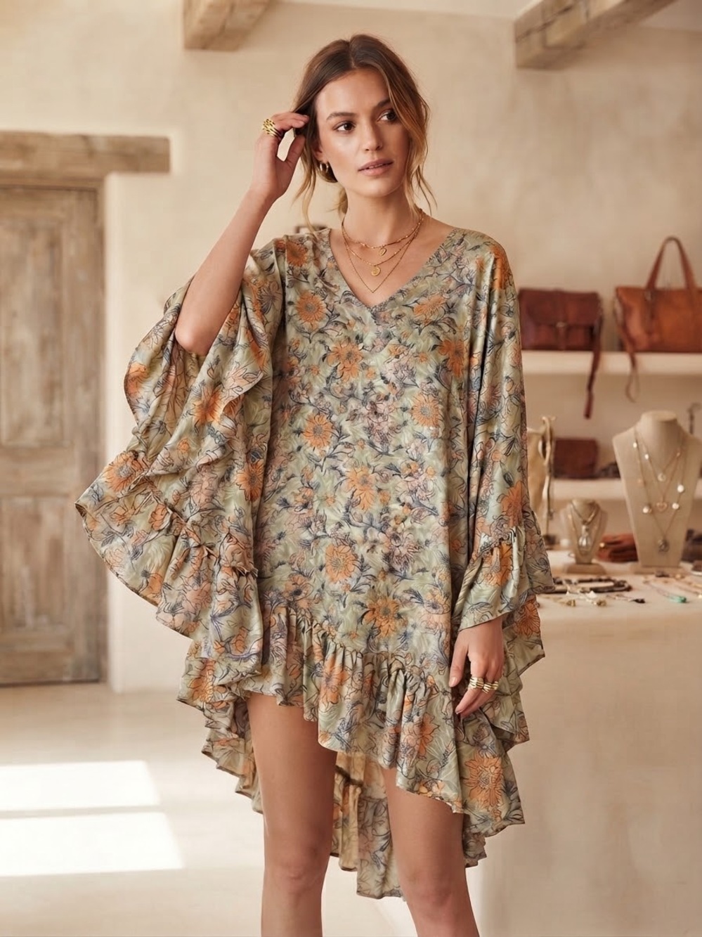 Kantha Bae Silk Float Away Cape Boho Floral Ruffle Sage Orange V-Neck OS